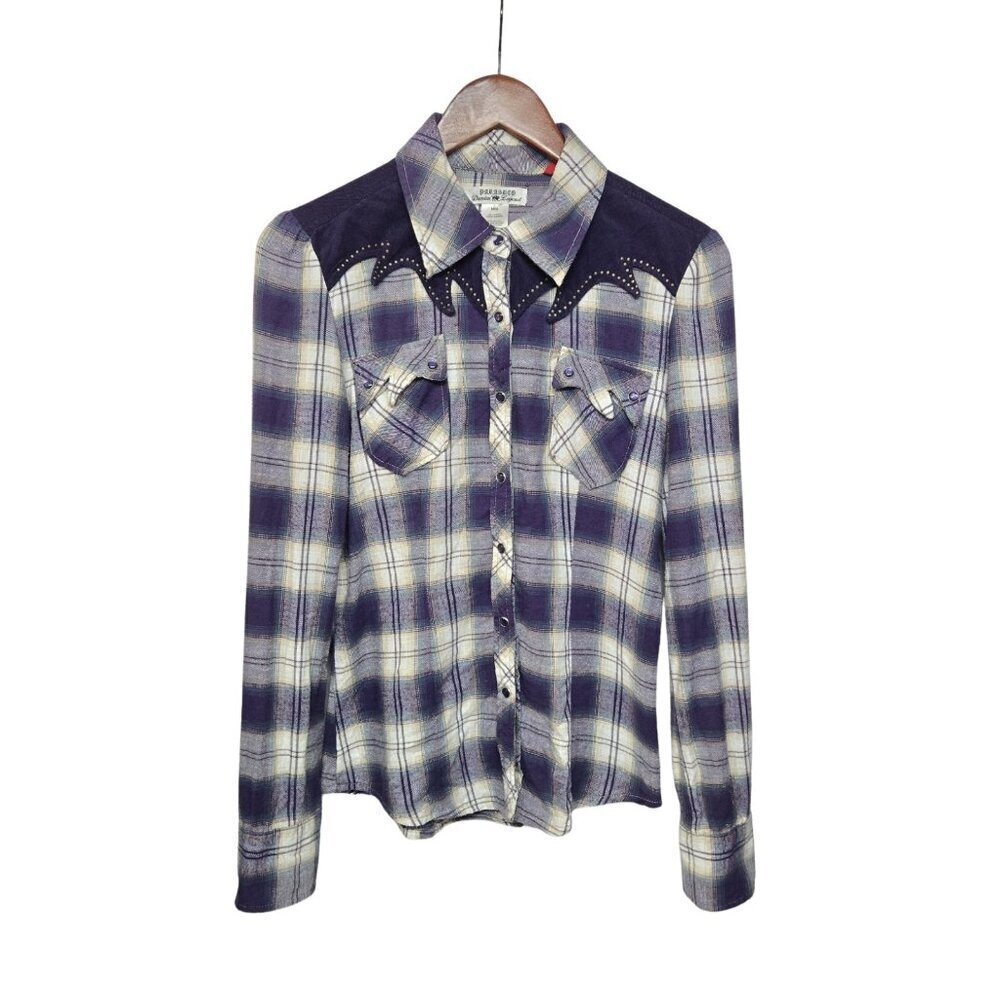 Vtg Y2K Parasuco Plaid Western Shirt Studded Yoke Purple Women’s M Rodeo Cowgirl
